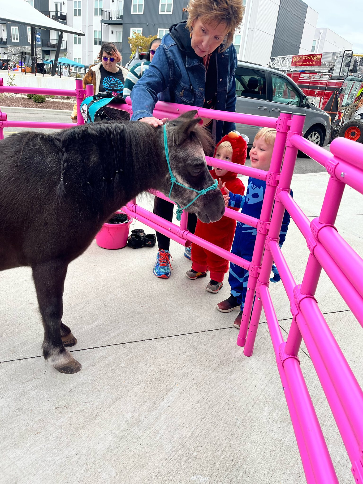 Children greeting Sir Camelot through his prepared interaction pen at a community event